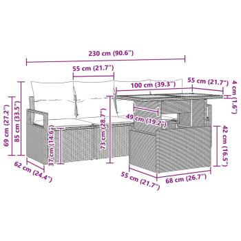 5-teiliges Garten-Sofa-Set mit Kissen Beige Poly-Rattan Akazie, 2-Sitzer-Garten-Sofa mit Kissen Beige Poly-Rattan
