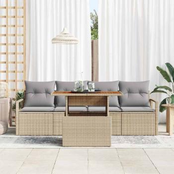 5-teiliges Garten-Sofa-Set mit Kissen Beige Poly-Rattan Akazie, 2-Sitzer-Garten-Sofa mit Kissen Beige Poly-Rattan