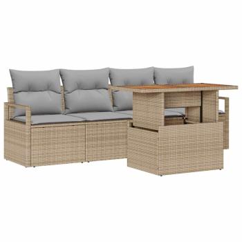 5-teiliges Garten-Sofa-Set mit Kissen Beige Poly-Rattan Akazie, 2-Sitzer-Garten-Sofa mit Kissen Beige Poly-Rattan
