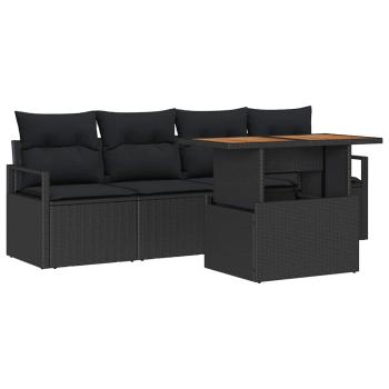 5-teiliges Garten-Sofa-Set mit Kissen Schwarz Poly Rattan Akazie, 2-Sitzer Garten-Sofa mit Kissen Schwarz Poly Rattan