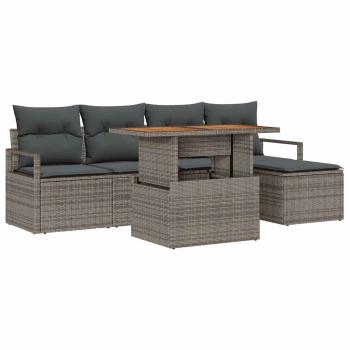 6-teiliges Garten Sofa Set mit Kissen Grau Poly Rattan Akazie, 2-Sitzer Garten Sofa mit Kissen Grau Poly Rattan