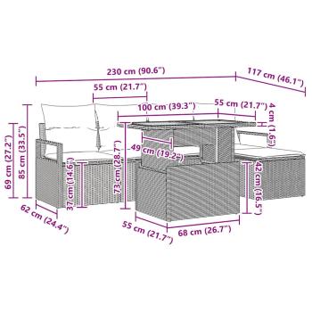 6-teiliges Garten Sofa Set mit Kissen Grau Poly Rattan Akazie, 2-Sitzer Garten Sofa mit Kissen Grau Poly Rattan