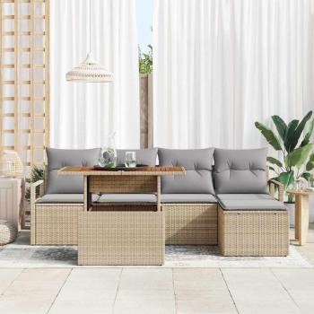 6-teiliges Garten Sofa Set mit Kissen Beige Poly Rattan Akazie, 2-Sitzer Garten Sofa mit Kissen Beige Poly Rattan