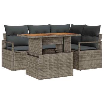 5-teiliges Garten Sofaset mit Kissen Grau Poly Rattan Akazie, 2-Sitzer Garten Sofa mit Kissen Grau Poly Rattan