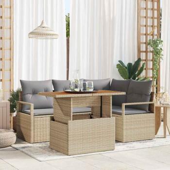 ARDEBO.de - 5-teilige Garten Sofaset mit Kissen Beige Poly Rattan Akazie, 2-Sitzer Garten Sofa mit Kissen Beige Poly Rattan