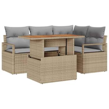 5-teilige Garten Sofaset mit Kissen Beige Poly Rattan Akazie, 2-Sitzer Garten Sofa mit Kissen Beige Poly Rattan