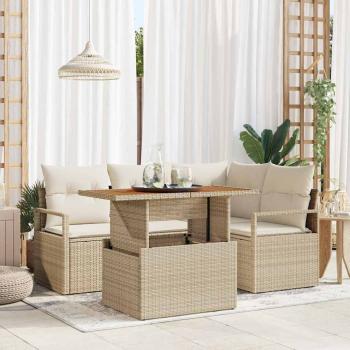 ARDEBO.de - 5-teiliges Garten Sofa Set mit Kissen Beige Poly Rattan Akazie, 2-Sitzer Garten Sofa mit Kissen Beige Poly Rattan