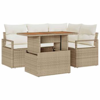 5-teiliges Garten Sofa Set mit Kissen Beige Poly Rattan Akazie, 2-Sitzer Garten Sofa mit Kissen Beige Poly Rattan