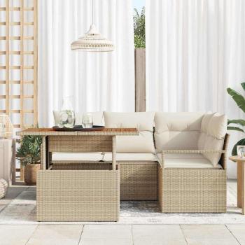 5-teiliges Garten Sofa Set mit Kissen Beige Poly Rattan Akazie, 2-Sitzer Garten Sofa mit Kissen Beige Poly Rattan