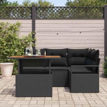 5-teiliges Garten-Sofa-Set mit Kissen Schwarz Poly-Rattan Akazie, 2-Sitzer Garten-Sofa mit Kissen Schwarz Poly-Rattan