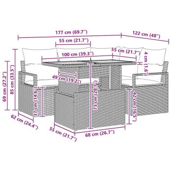 5-teiliges Garten-Sofa-Set mit Kissen Schwarz Poly-Rattan Akazie, 2-Sitzer Garten-Sofa mit Kissen Schwarz Poly-Rattan