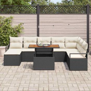 9-teiliges Garten-Sofaset mit Kissen aus schwarzem Poly-Rattan Akazie, 2-Sitzer Garten-Sofa mit Kissen aus schwarzem Poly-Rattan