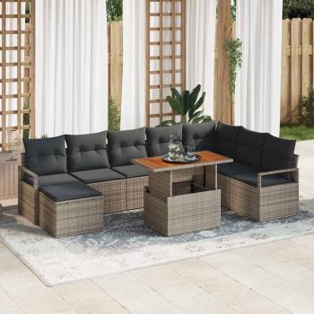 ARDEBO.de - 9-teiliges Garten Sofa Set mit Kissen Grau Poly Rattan Akazie, 2-Sitzer Garten Sofa mit Kissen Grau Poly Rattan