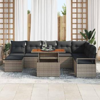 9-teiliges Garten Sofa Set mit Kissen Grau Poly Rattan Akazie, 2-Sitzer Garten Sofa mit Kissen Grau Poly Rattan