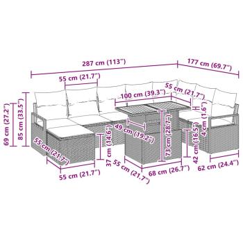 9-teiliges Garten Sofa Set mit Kissen Grau Poly Rattan Akazie, 2-Sitzer Garten Sofa mit Kissen Grau Poly Rattan