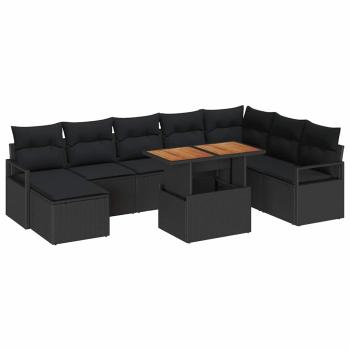 9-teiliges Garten Sofa Set mit Kissen Schwarz Poly Rattan Akazie, 2-Sitzer Garten Sofa mit Kissen Schwarz Poly Rattan