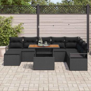 9-teiliges Garten Sofa Set mit Kissen Schwarz Poly Rattan Akazie, 2-Sitzer Garten Sofa mit Kissen Schwarz Poly Rattan