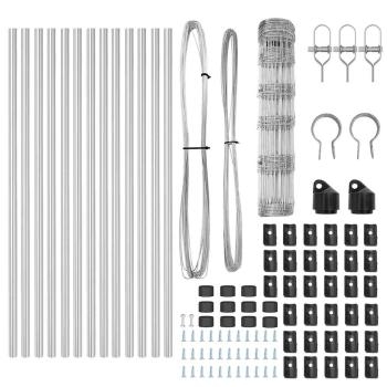 Feldzaun 0.8x25 m galvanisierter Stahl, Zaunpfosten 13 Stück Ø32 mm 120 cm galvanisierter Stahl