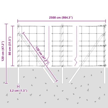 Feldzaun 0.8x25 m Verzinkter Stahl, Zaunpfosten 13 Stück Ø32 mm 120 cm Verzinkter Stahl