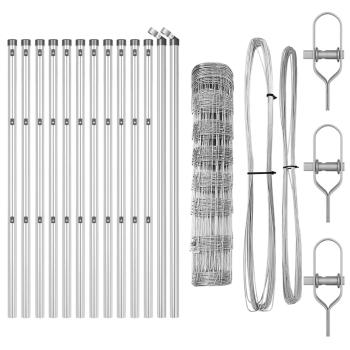 Feldzaun 0.8x25 m Verzinkter Stahl, Zaunpfosten 13 Stück Ø32 mm 120 cm Verzinkter Stahl