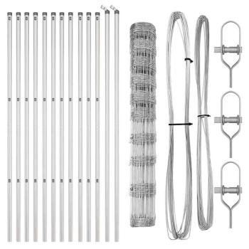 Feldzaun 1.2x25 m feuerverzinkter Stahl, Zaunpfosten 13 Stück Ø32 mm 170 cm feuerverzinkter Stahl