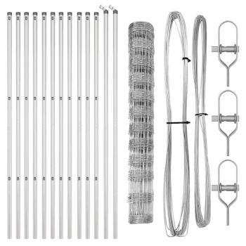 Feldzaun 1,2x25 m verzinkter Stahl, Zaunpfosten 13 Stück Ø32 mm 170 cm verzinkter Stahl