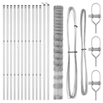 Feldzaun 1,5 x 25 m Verzinkter Stahl, Zaunpfosten 13 Stück Ø32 mm 200 cm Verzinkter Stahl