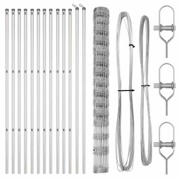 Feldzaun 1,6x25 m verzinkter Stahl, Zaunpfosten 13 Stück Ø32 mm 210 cm verzinkter Stahl