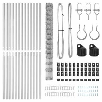 Feldzaun 1,6x25 m verzinkter Stahl, Zaunpfosten 13 Stück Ø32 mm 210 cm verzinkter Stahl