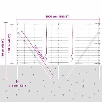 Feldzaun 1.2x50 m verzinkter Stahl, Zaunpfähle 13 Stk Ø32 mm 170 cm verzinkter Stahl