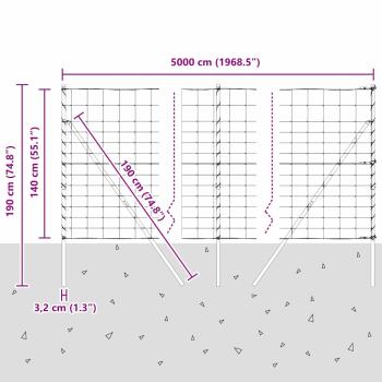 Feldzaun 1,4x50 m Verzinkter Stahl, Zaunpfosten 13 Stück Ø32 mm 190 cm Verzinkter Stahl