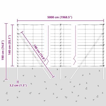 Feldzaun 1,4x50 m verzinkter Stahl, Zaunpfosten 13 Stück Ø32 mm 190 cm verzinkter Stahl