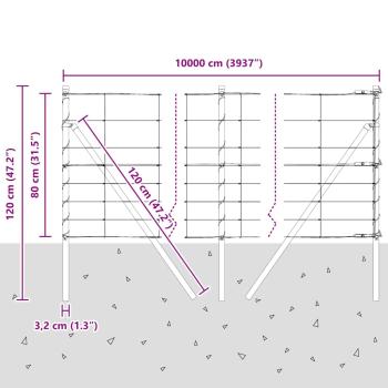 Feldzaun 0,8 x 100 m aus verzinktem Stahl, Zaunpfosten 13 Stk. Ø32 mm 120 cm aus verzinktem Stahl