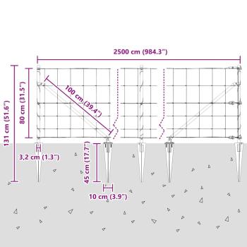 Feldzaun 0.8x25 m Verzinkter Stahl, Zaunpfosten mit Spike 13 Stück Ø32 mm 100 cm Verzinkter Stahl
