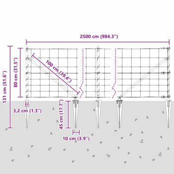 Feldzaun 0,8x25 m verzinkter Stahl, Zaunpfosten mit Spike 13 stk Ø32 mm 100 cm verzinkter Stahl