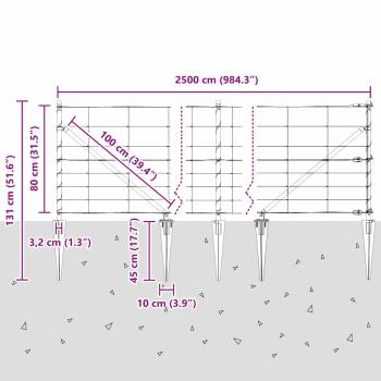 Feldzaun 0,8x25 m verzinkter Stahl, Zaunpfosten mit Spike 13 Stück Ø32 mm 100 cm verzinkter Stahl