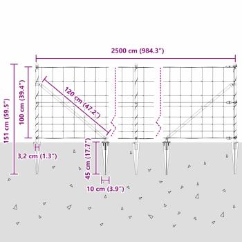 Feldzaun 1x25 m Verzinkter Stahl, Zaunpfähle mit Spike 13 Stück Ø32 mm 120 cm Verzinkter Stahl