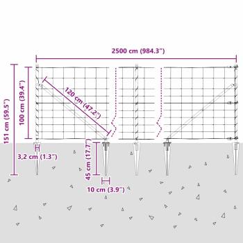 Feldzaun 1x25 m Verzinkter Stahl, Zaunpfosten mit Spike 13 Stück Ø32 mm 120 cm Verzinkter Stahl