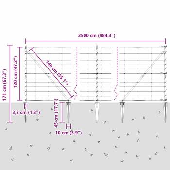 Feldzaun 1.2x25 m Verzinkter Stahl, Zaunpfosten mit Erdspießen 13 Stück Ø32 mm 140 cm Verzinkter Stahl