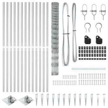 Feldzaun 1,5x25 m aus verzinktem Stahl, Zaunpfosten mit Spike, 13 Stück, Ø32 mm, 170 cm, verzinkter Stahl