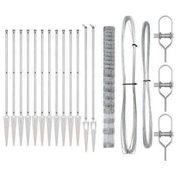 Weidezaun 1,6x25 m galvanisierter Stahl, Zaunpfähle mit Spike 13 Stück Ø32 mm 180 cm galvanisierter Stahl