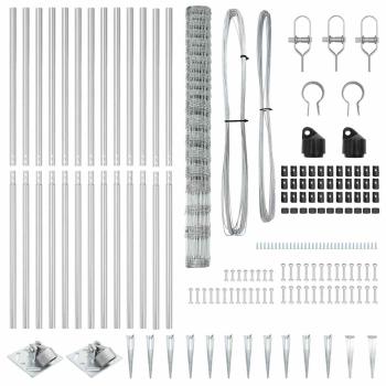 Weidezaun 1,6x25 m galvanisierter Stahl, Zaunpfähle mit Spike 13 Stück Ø32 mm 180 cm galvanisierter Stahl