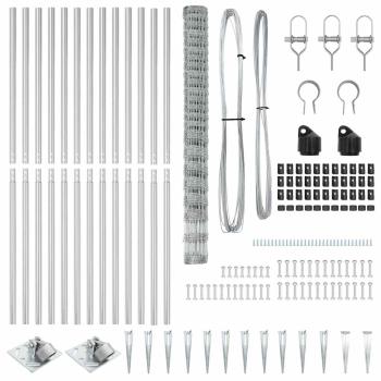 Feldzaun 1,6x25 m verzinkter Stahl, Zaunpfosten mit Erdspieß 13 Stück Ø32 mm 180 cm verzinkter Stahl
