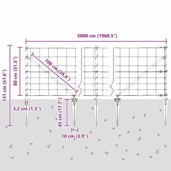 Feldzaun 0,8 x 50 m aus verzinktem Stahl, Zaunpfosten mit Spike 13 Stück Ø32 mm 100 cm aus verzinktem Stahl