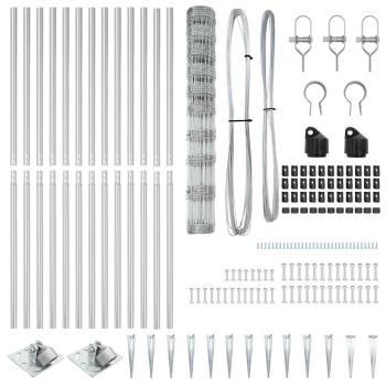 Feldzaun 1,2x50 m verzinkter Stahl, Zaunpfosten mit Spike 13 Stück Ø32 mm 140 cm verzinkter Stahl