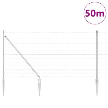 Feldzaun 1,2x50 m verzinkter Stahl, Zaunpfosten mit Spike 13 Stück Ø32 mm 140 cm verzinkter Stahl