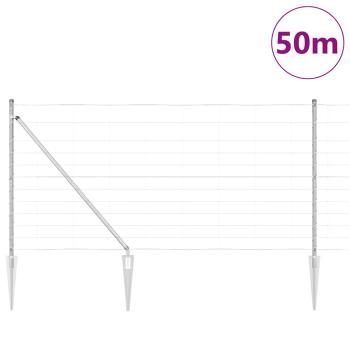 Feldzaun 1,2x50 m verzinkter Stahl, Zaunpfosten mit Spike 13 Stk Ø32 mm 140 cm verzinkter Stahl