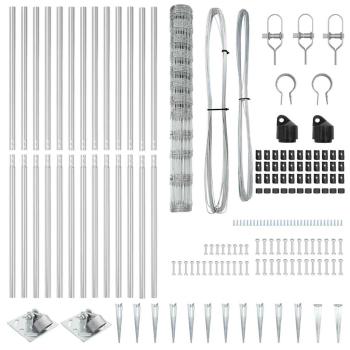 Feldzaun 1,4x50 m verzinkter Stahl, Zaunpfosten mit Spike 13 Stück Ø32 mm 160 cm verzinkter Stahl