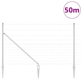 Feldzaun 1,4x50 m Verzinkter Stahl, Zaunpfähle mit Spike 13 Stk Ø32 mm 160 cm Verzinkter Stahl