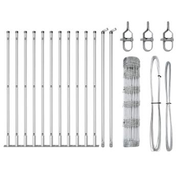 Feldzaun 0.8x25 m verzinkter Stahl, Zaunpfosten mit Fußplatten 13 Stück Ø32mm 90cm verzinkter Stahl